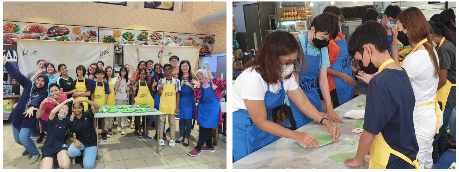A group of young people in blue and yellow aprons pose together, then work on green dough at a cooking class.